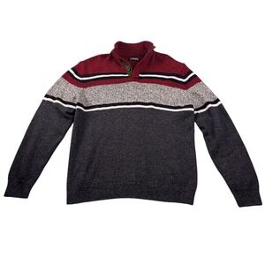 Chaps Men's Striped Button Mock Neck‎ Sweater Red Black White Cabin Core Large